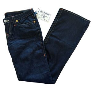 True Religion Boot Cut Mid Rise Dark Wash Denim Jeans Size 32 With Pocket Flaps